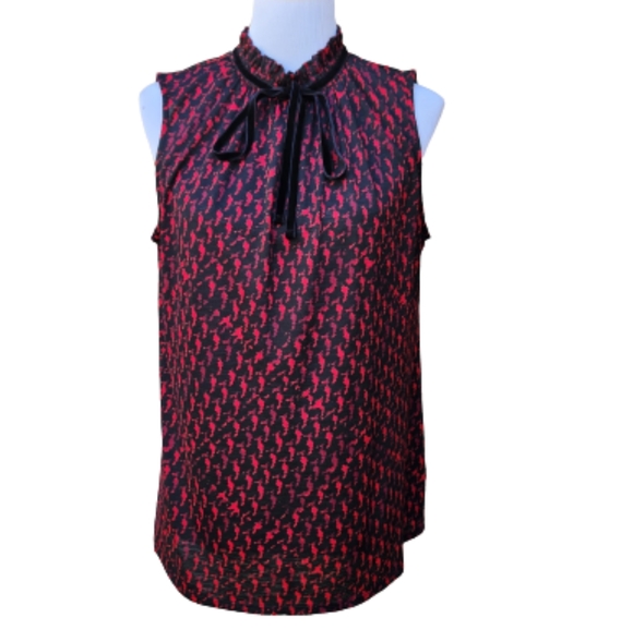 Worthington Tops - Worthington Shell Blouse Red Black Print Mockneck Bow Detail Sleeveless